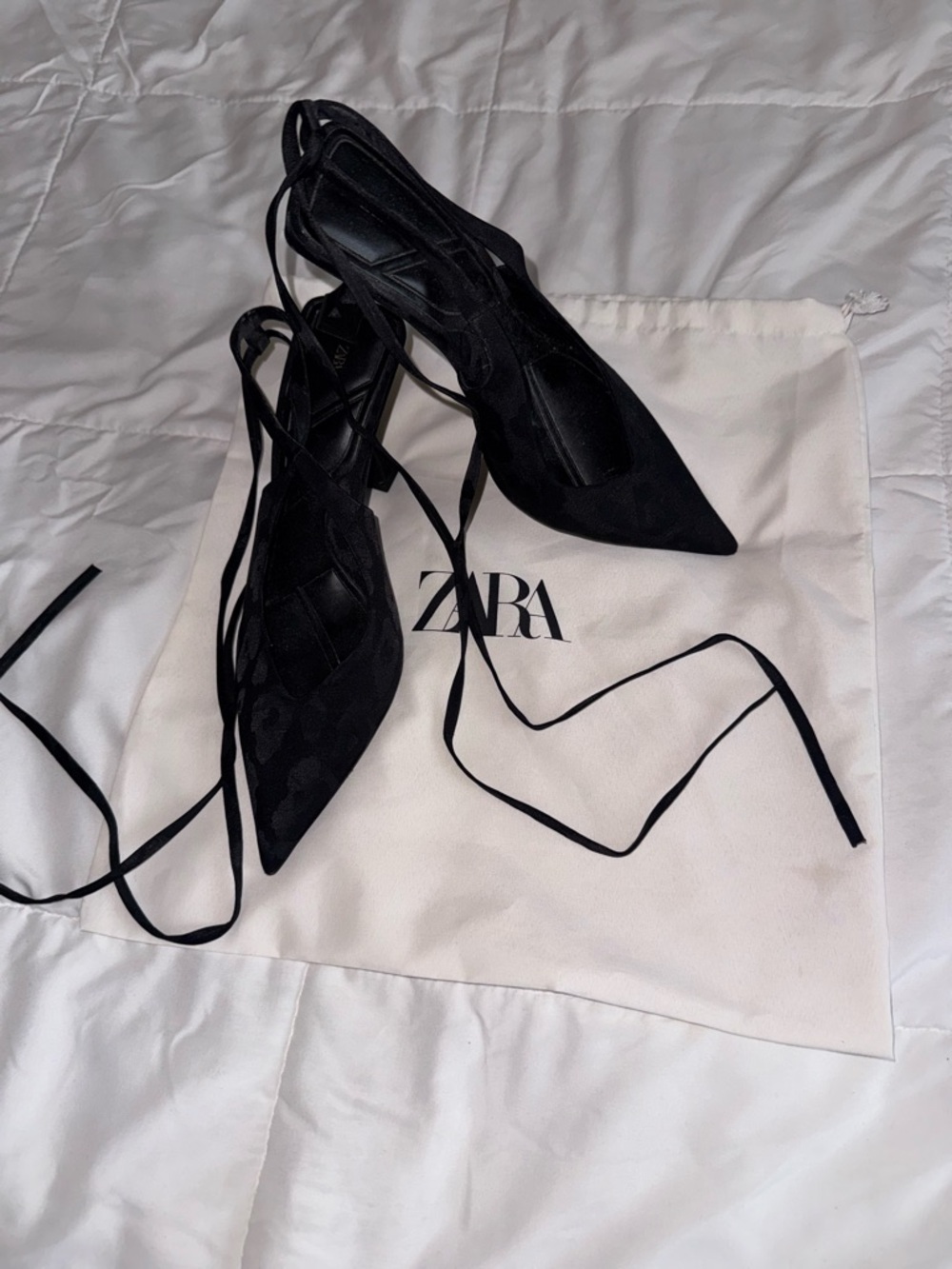 Zara Black Leopard Velvet Lace-Up Pointed-Toe Heels